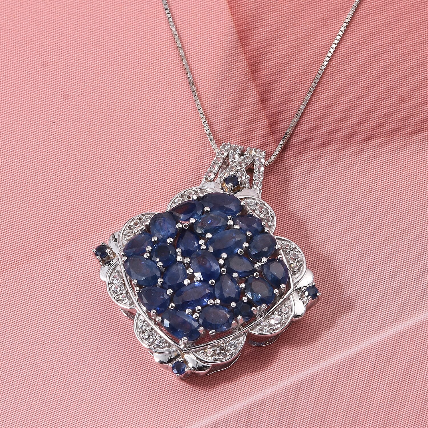 D'Joy Kanchanaburi Blue Sapphire and White Zircon 5.60 ctw Royal Color Cluster Pendant Necklace in Rhodium Over Sterling Silver (20 Inches)