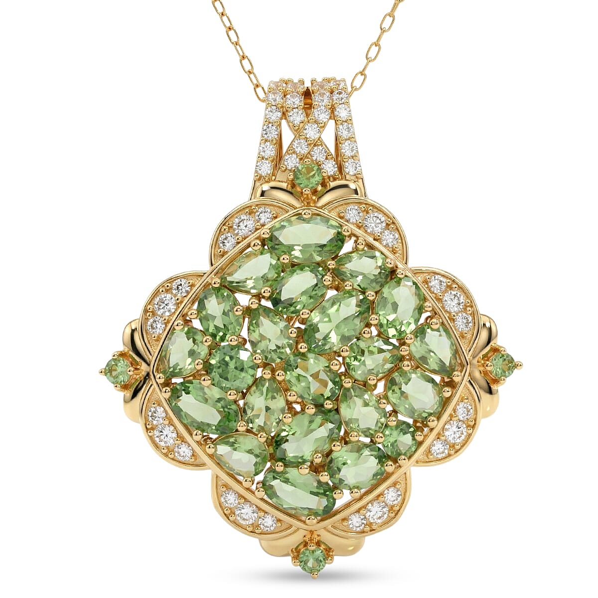 D'Joy Tsavorite Garnet and White Zircon 4.60 ctw Royal Color Cluster Pendant Necklace in 18K Vermeil Yellow Gold Over Sterling Silver 20 Inches