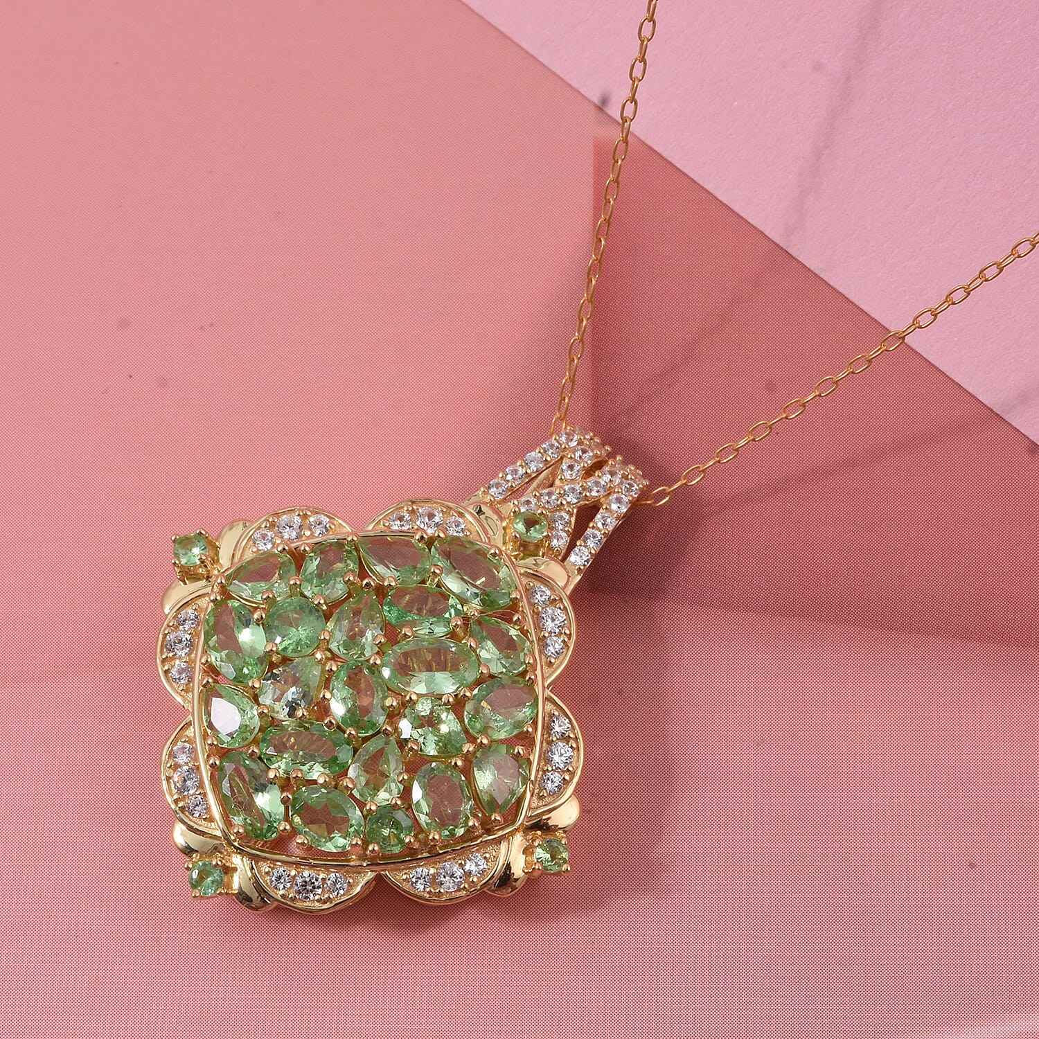 D'Joy Tsavorite Garnet and White Zircon 4.60 ctw Royal Color Cluster Pendant Necklace in 18K Vermeil Yellow Gold Over Sterling Silver 20 Inches