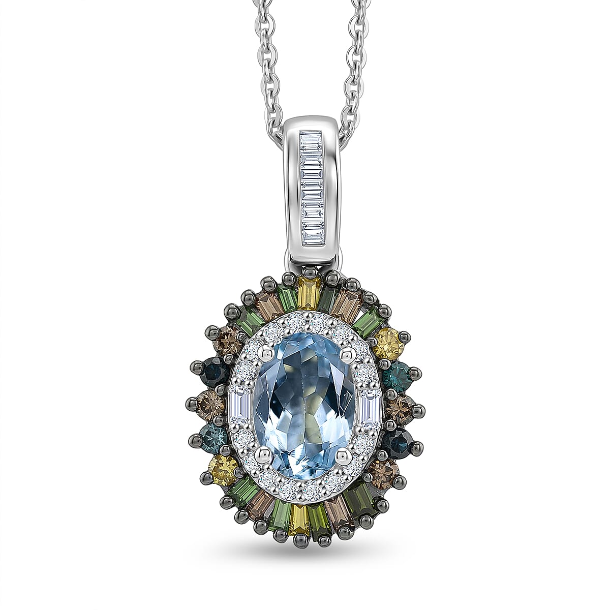 D'Joy Santa Maria Aquamarine and Multi Diamond 1.15 ctw Pendant Necklace in Rhodium Over Sterling Silver 20 Inches