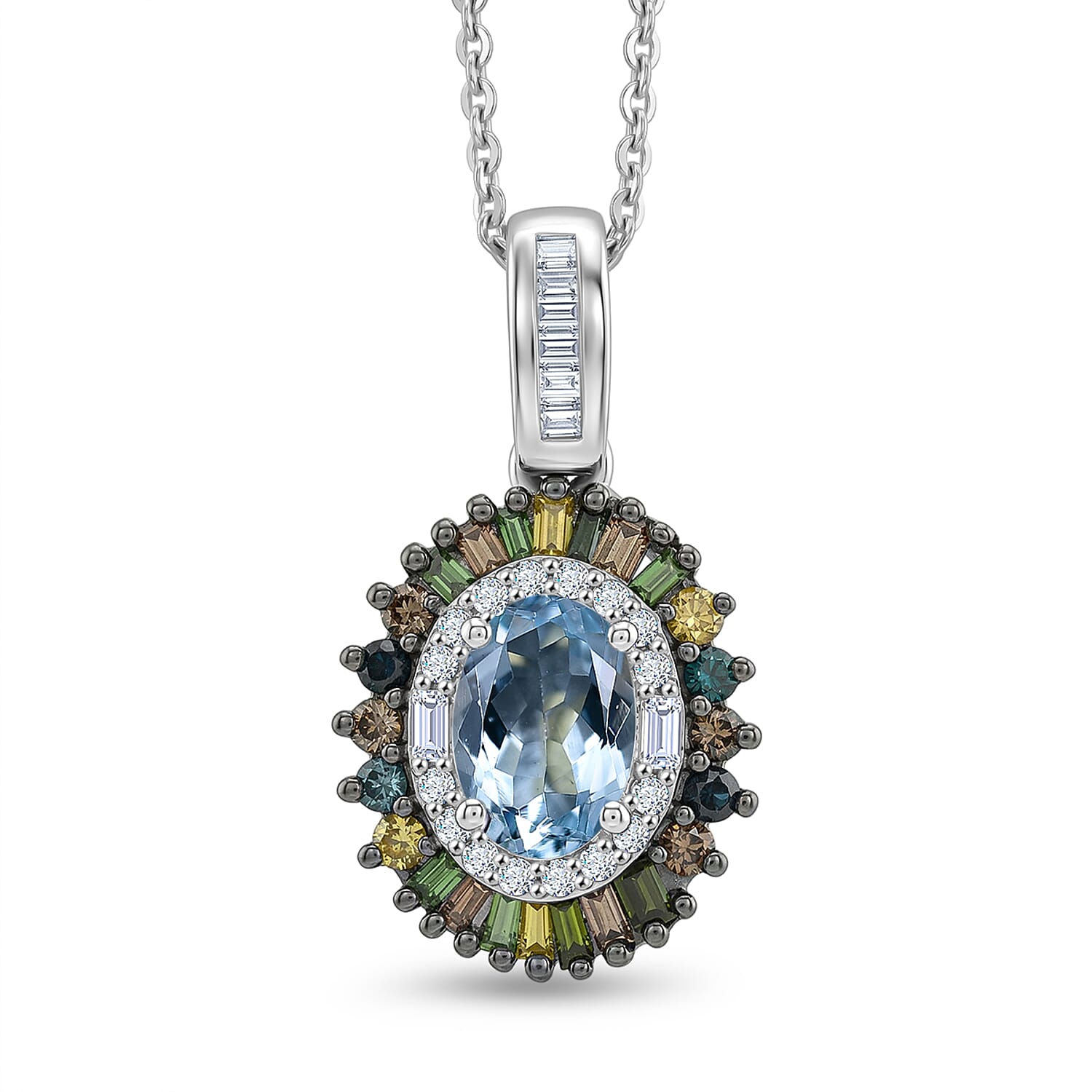 D'Joy Santa Maria Aquamarine and Multi Diamond 1.15 ctw Rainbow Sunburst Pendant Necklace in Rhodium Over Sterling Silver 20 Inc