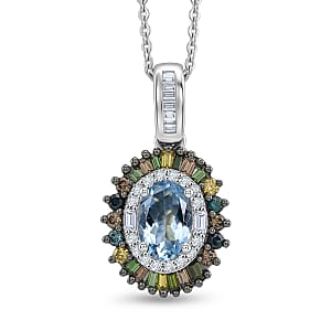 D'Joy Santa Maria Aquamarine and Multi Diamond 1.15 ctw Pendant Necklace in Rhodium Over Sterling Silver 20 Inches 