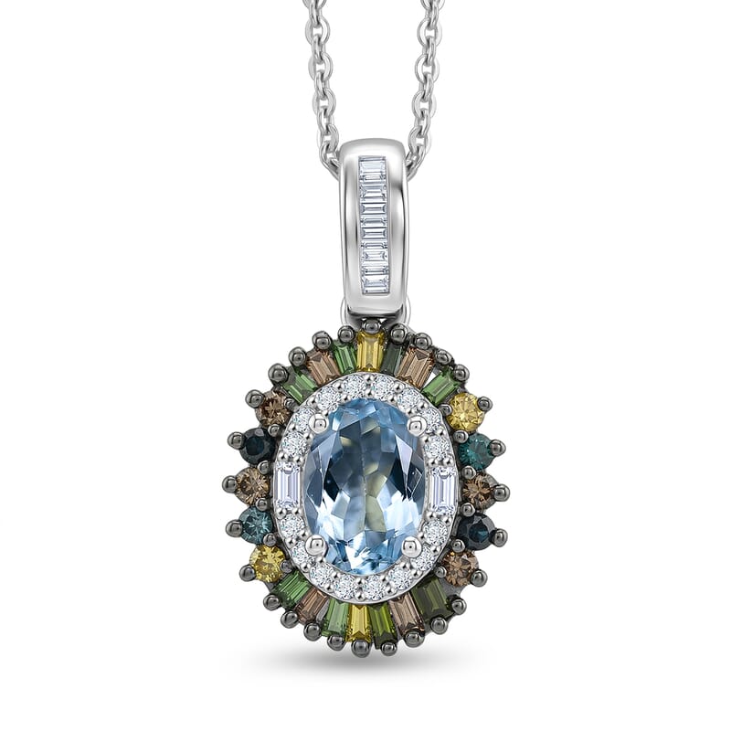 D'Joy Santa Maria Aquamarine and Multi Diamond 1.15 ctw Rainbow Sunburst Pendant Necklace in Rhodium Over Sterling Silver 20 Inches