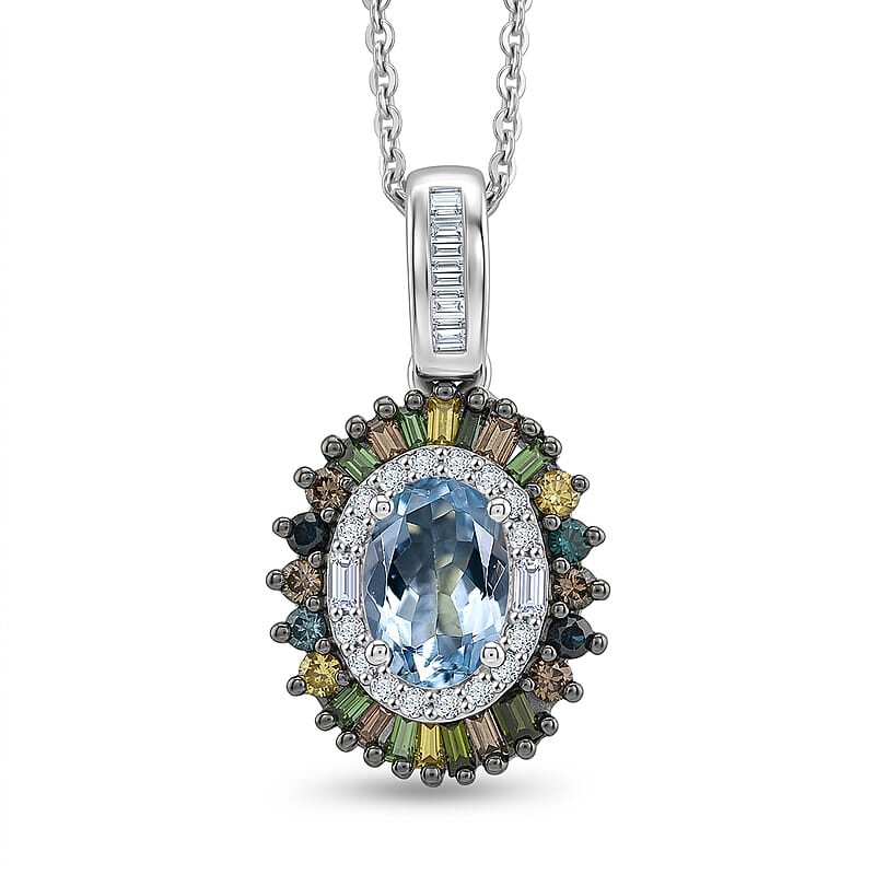 D'Joy Santa Maria Aquamarine and Multi Diamond 1.15 ctw Rainbow Sunburst Pendant Necklace in Rhodium Over Sterling Silver 20 Inches