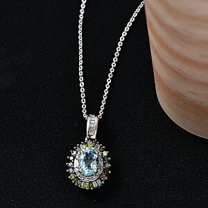 D'Joy Santa Maria Aquamarine and Multi Diamond 1.15 ctw Pendant Necklace in Rhodium Over Sterling Silver 20 Inches 