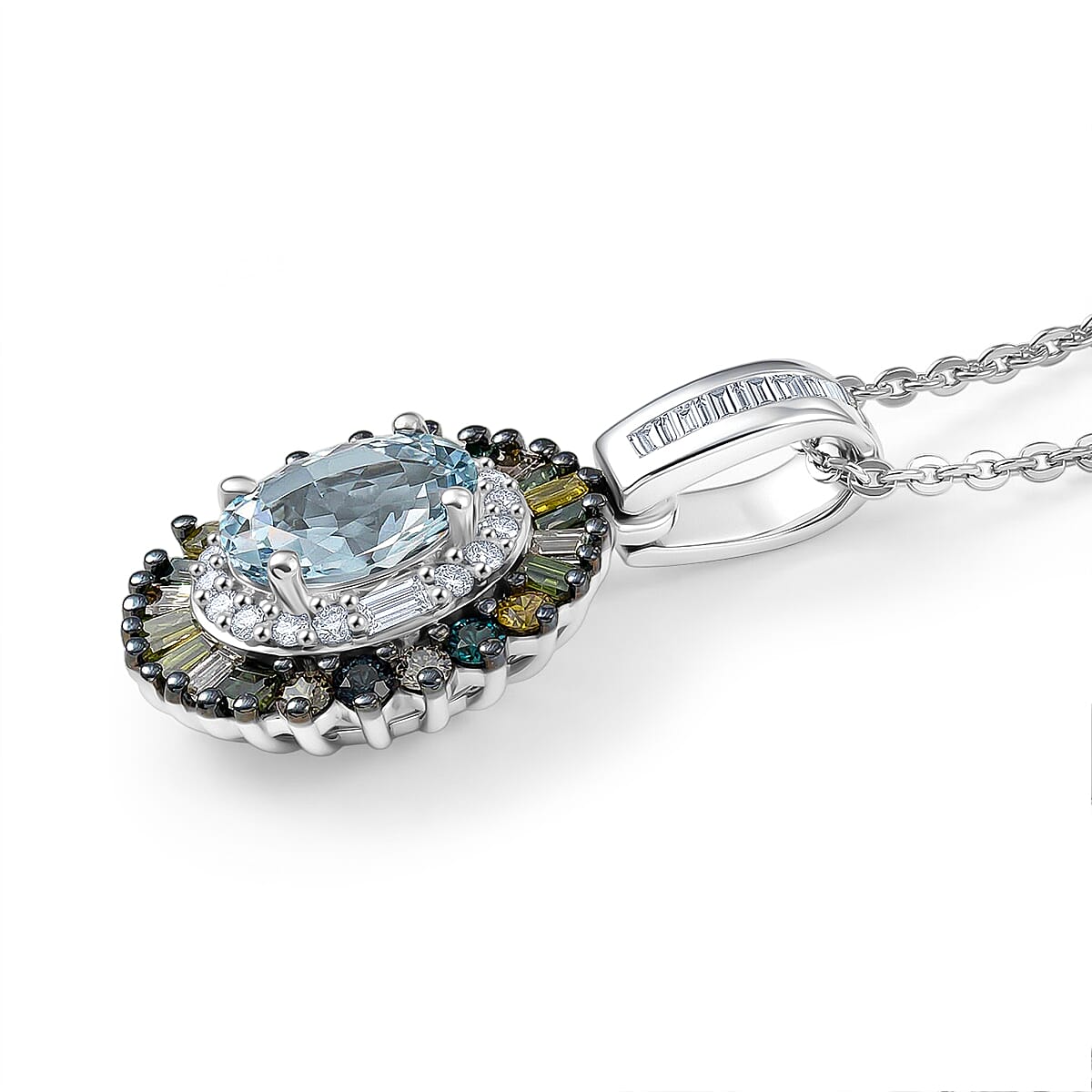 D'Joy Santa Maria Aquamarine and Multi Diamond 1.15 ctw Pendant Necklace in Rhodium Over Sterling Silver 20 Inches  image number 3