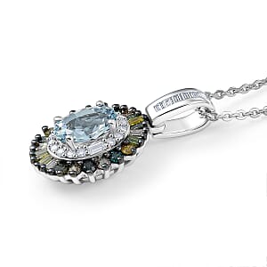 D'Joy Santa Maria Aquamarine and Multi Diamond 1.15 ctw Pendant Necklace in Rhodium Over Sterling Silver 20 Inches 