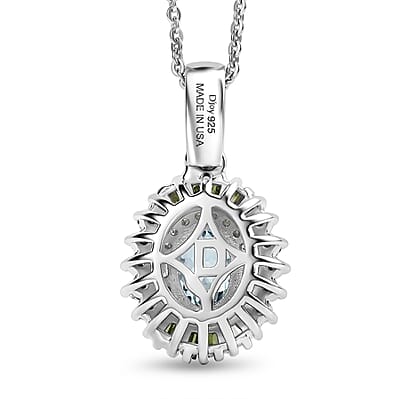 D'Joy Santa Maria Aquamarine and Multi Diamond 1.15 ctw Rainbow Sunburst Pendant Necklace in Rhodium Over Sterling Silver 20 Inches