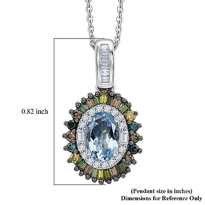 D'Joy Santa Maria Aquamarine and Multi Diamond 1.15 ctw Rainbow Sunburst Pendant Necklace in Rhodium Over Sterling Silver 20 Inches