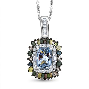 D'Joy Santa Maria Aquamarine and Multi Diamond 1.25 ctw Pendant Necklace in Rhodium Over Sterling Silver 20 Inches 
