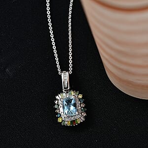 D'Joy Santa Maria Aquamarine and Multi Diamond 1.25 ctw Pendant Necklace in Rhodium Over Sterling Silver 20 Inches 