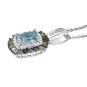 D'Joy Santa Maria Aquamarine and Multi Diamond 1.25 ctw Pendant Necklace in Rhodium Over Sterling Silver 20 Inches 