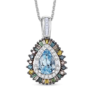 D'Joy Santa Maria Aquamarine and Multi Diamond 1.20 ctw Pendant Necklace in Rhodium Over Sterling Silver 20 Inches 