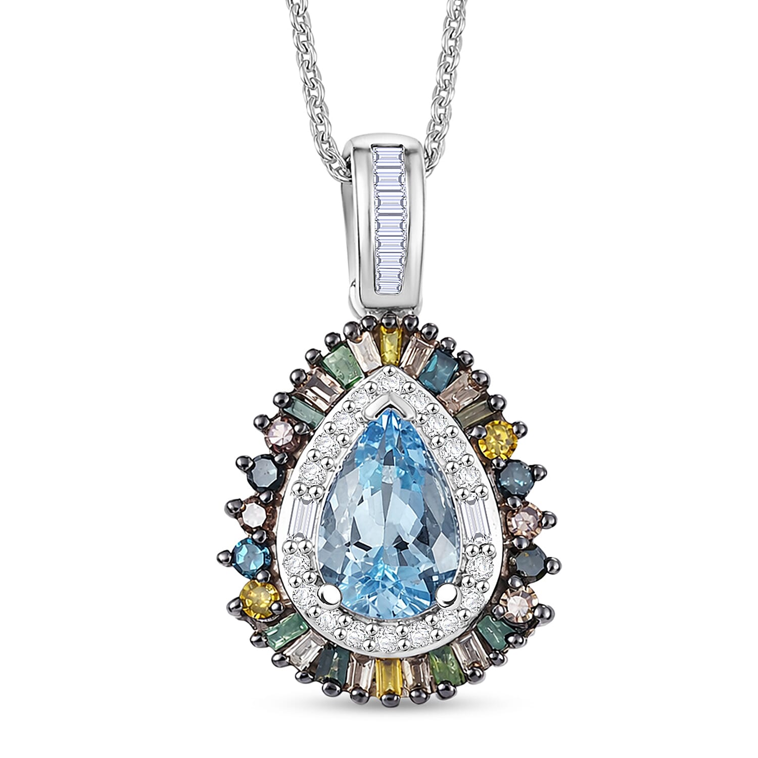 D'Joy Santa Maria Aquamarine and Multi Diamond 1.20 ctw Rainbow Sunburst Pendant Necklace in Rhodium Over Sterling Silver 20 Inc