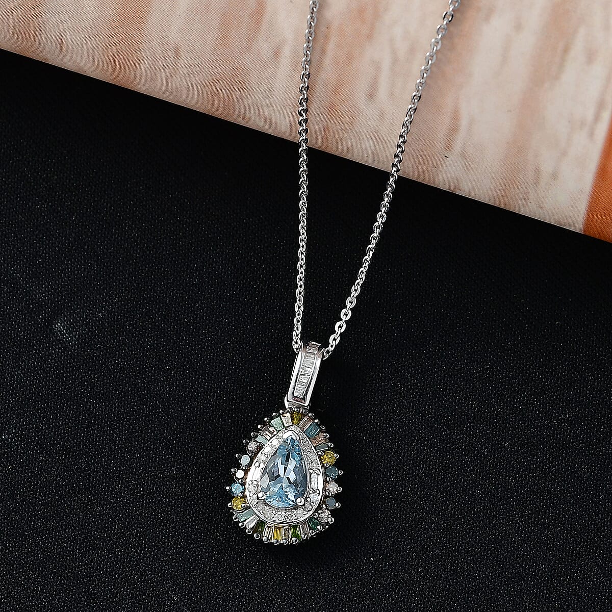 D'Joy Santa Maria Aquamarine and Multi Diamond 1.20 ctw Pendant Necklace in Rhodium Over Sterling Silver 20 Inches  image number 1