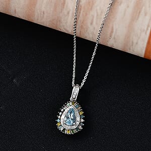 D'Joy Santa Maria Aquamarine and Multi Diamond 1.20 ctw Pendant Necklace in Rhodium Over Sterling Silver 20 Inches 