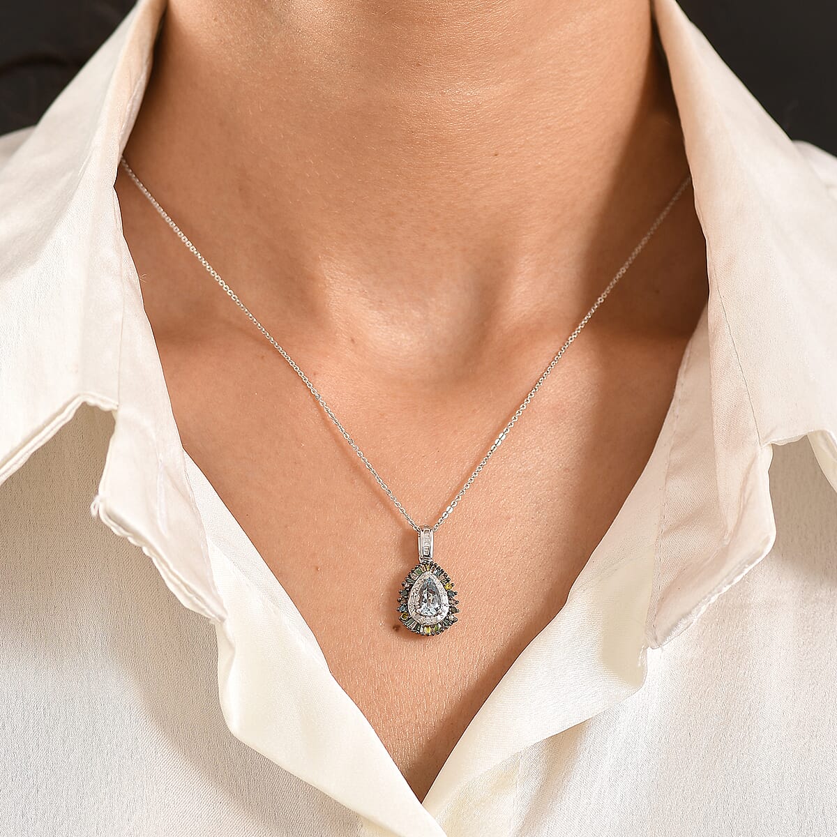 D'Joy Santa Maria Aquamarine and Multi Diamond 1.20 ctw Pendant Necklace in Rhodium Over Sterling Silver 20 Inches  image number 2