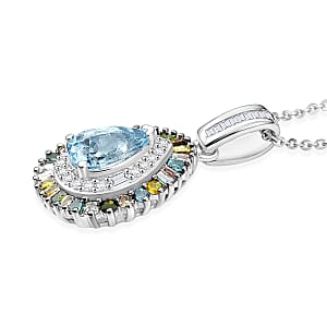 D'Joy Santa Maria Aquamarine and Multi Diamond 1.20 ctw Pendant Necklace in Rhodium Over Sterling Silver 20 Inches 