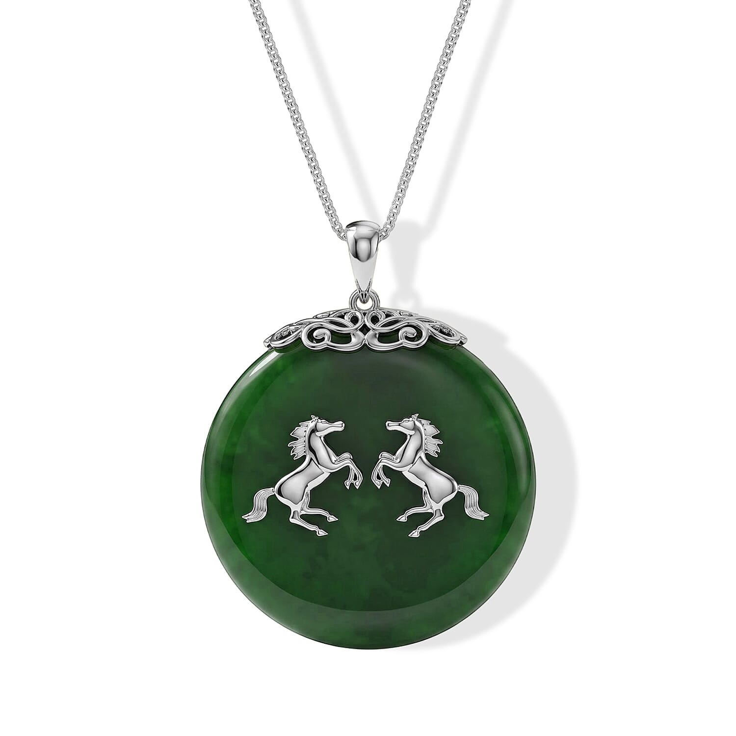D'Joy Green Jade (D) 63.00 ctw Horse Pendant Necklace (18 Inches) in Rhodium Over Sterling Silver