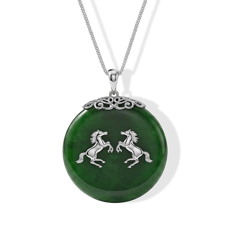 D'Joy Green Jade (D) 63.00 ctw Horse Pendant Necklace (18 Inches) in Rhodium Over Sterling Silver