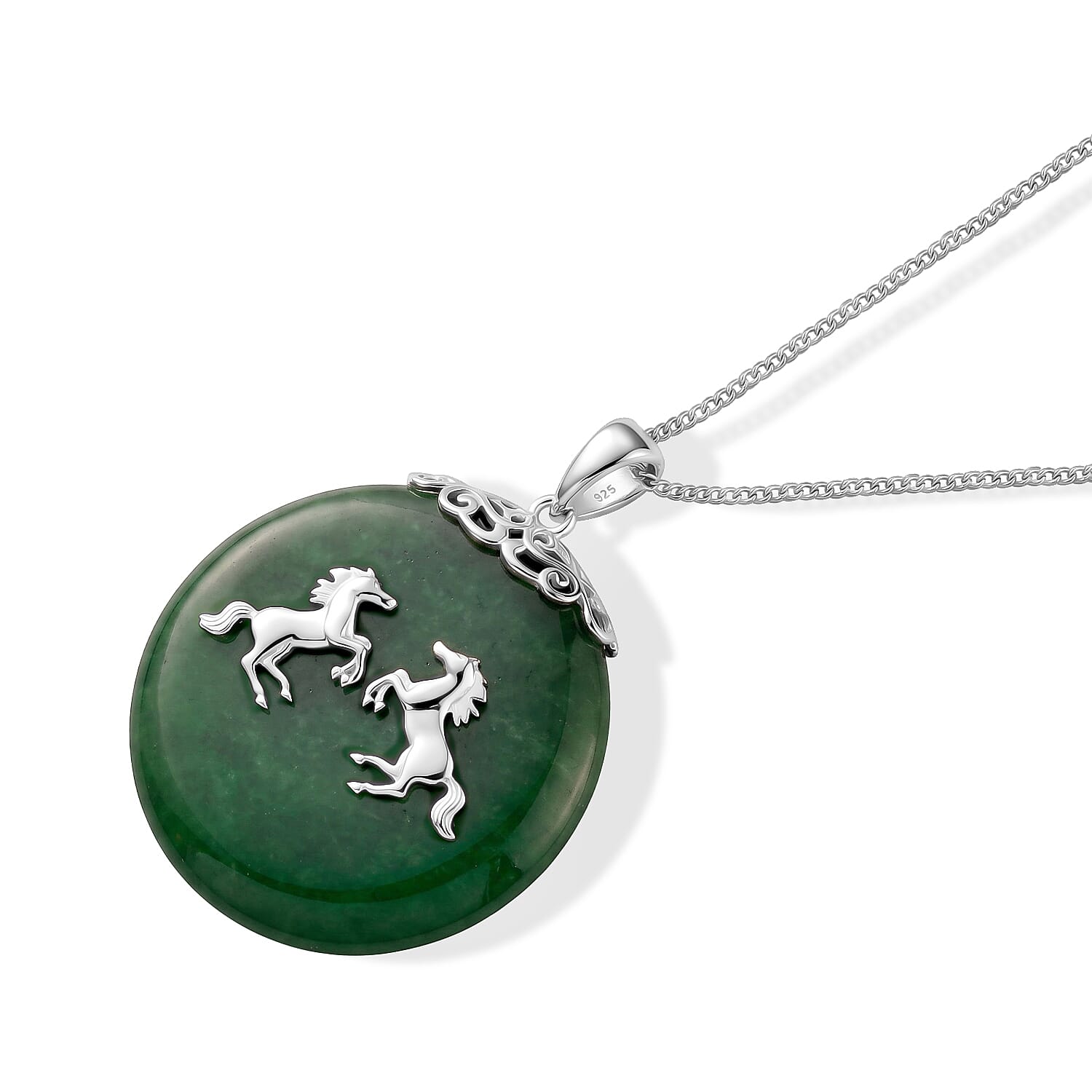 D'Joy Green Jade (D) 63.00 ctw Horse Pendant Necklace (18 Inches) in Rhodium Over Sterling Silver