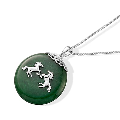 D'Joy Green Jade (D) 63.00 ctw Horse Pendant Necklace (18 Inches) in Rhodium Over Sterling Silver