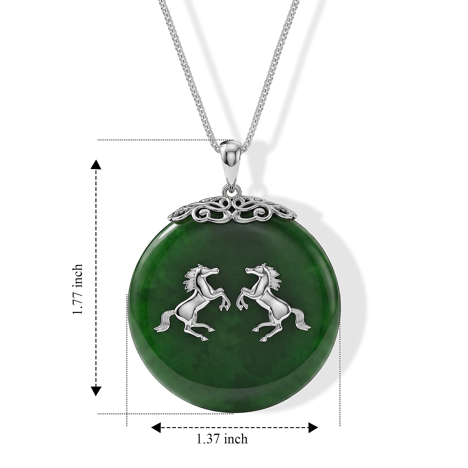 D'Joy Green Jade (D) 63.00 ctw Horse Pendant Necklace (18 Inches) in Rhodium Over Sterling Silver