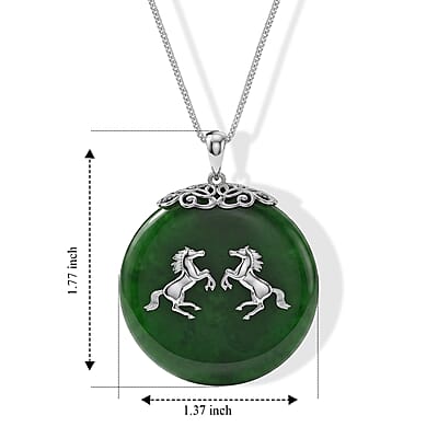 D'Joy Green Jade (D) 63.00 ctw Horse Pendant Necklace (18 Inches) in Rhodium Over Sterling Silver