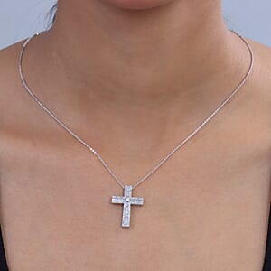 D'Joy Diamond 0.70 ctw Cross Pendant Necklace in Rhodium Over Sterling Silver 20 Inches 