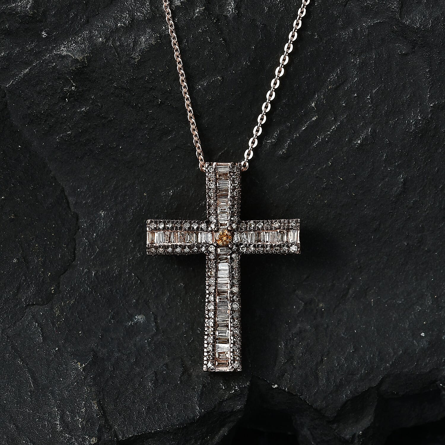 D'Joy Natural Champagne Diamond 0.70 ctw Cross Pendant Necklace in 18K Vermeil Rose Gold Over Sterling Silver 20 Inches