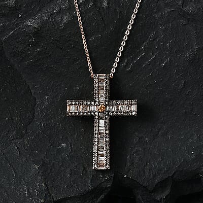 D'Joy Natural Champagne Diamond 0.70 ctw Cross Pendant Necklace in 18K Vermeil Rose Gold Over Sterling Silver 20 Inches