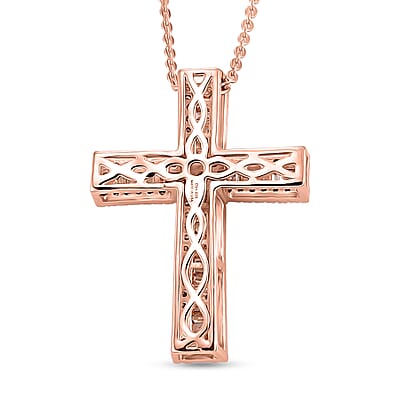 D'Joy Natural Champagne Diamond 0.70 ctw Cross Pendant Necklace in 18K Vermeil Rose Gold Over Sterling Silver 20 Inches
