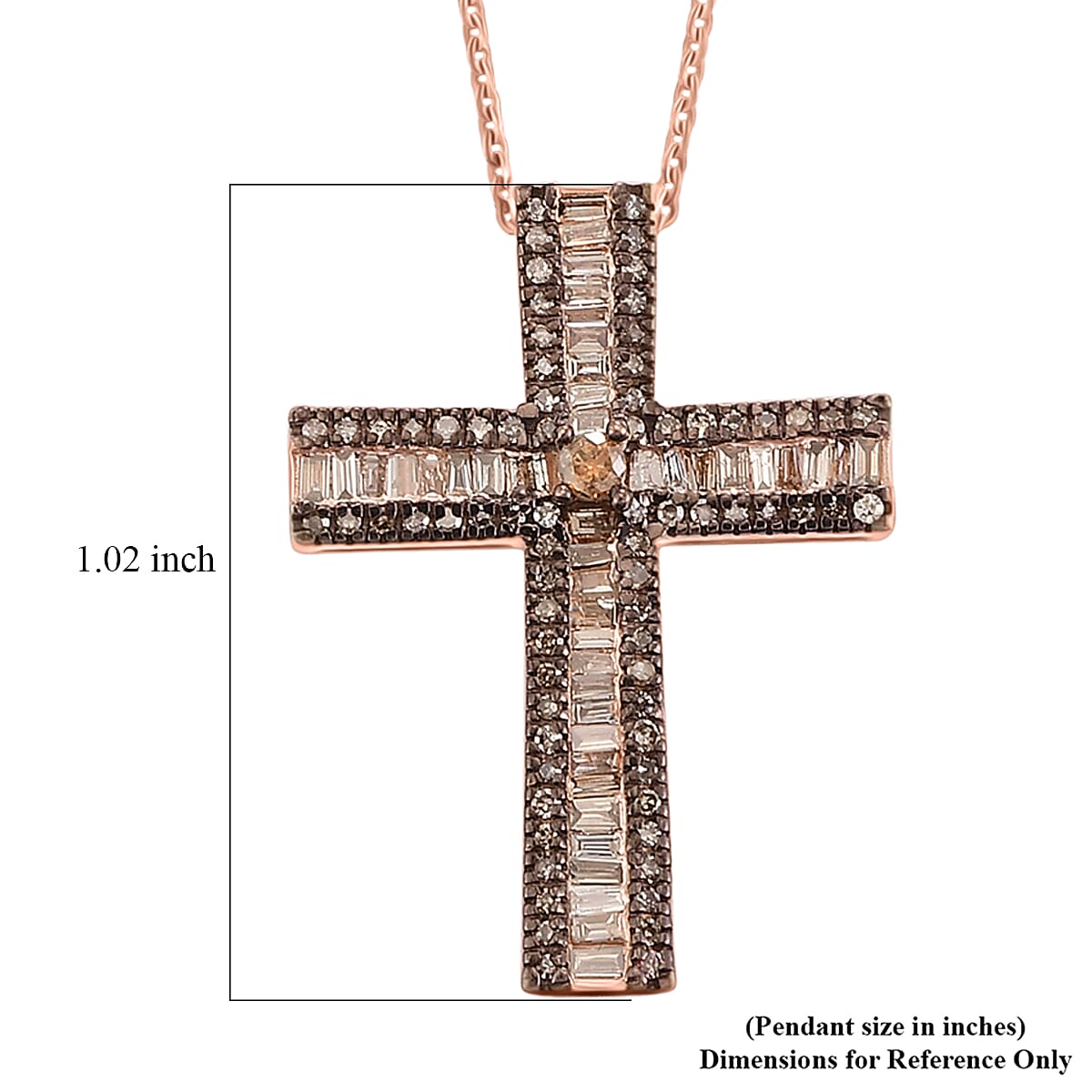 D'Joy Natural Champagne Diamond 0.70 ctw Cross Pendant Necklace in 18K Vermeil Rose Gold Over Sterling Silver 20 Inches
