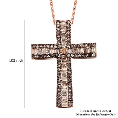 D'Joy Natural Champagne Diamond 0.70 ctw Cross Pendant Necklace in 18K Vermeil Rose Gold Over Sterling Silver 20 Inches
