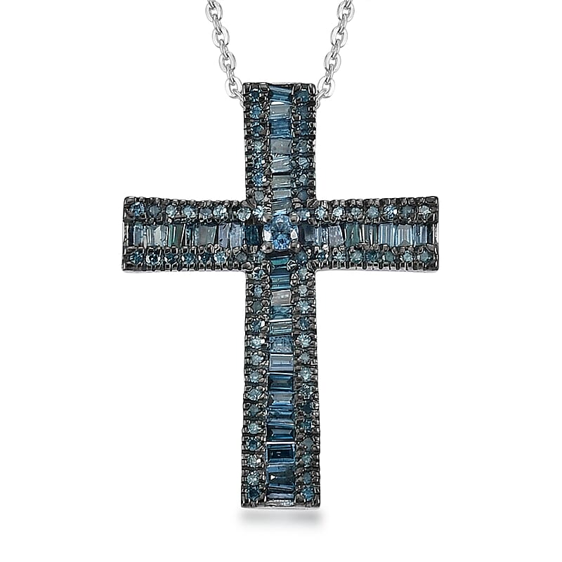 D'Joy Blue Diamond 0.70 ctw Cross Pendant Necklace in Rhodium Over Sterling Silver 20 Inches