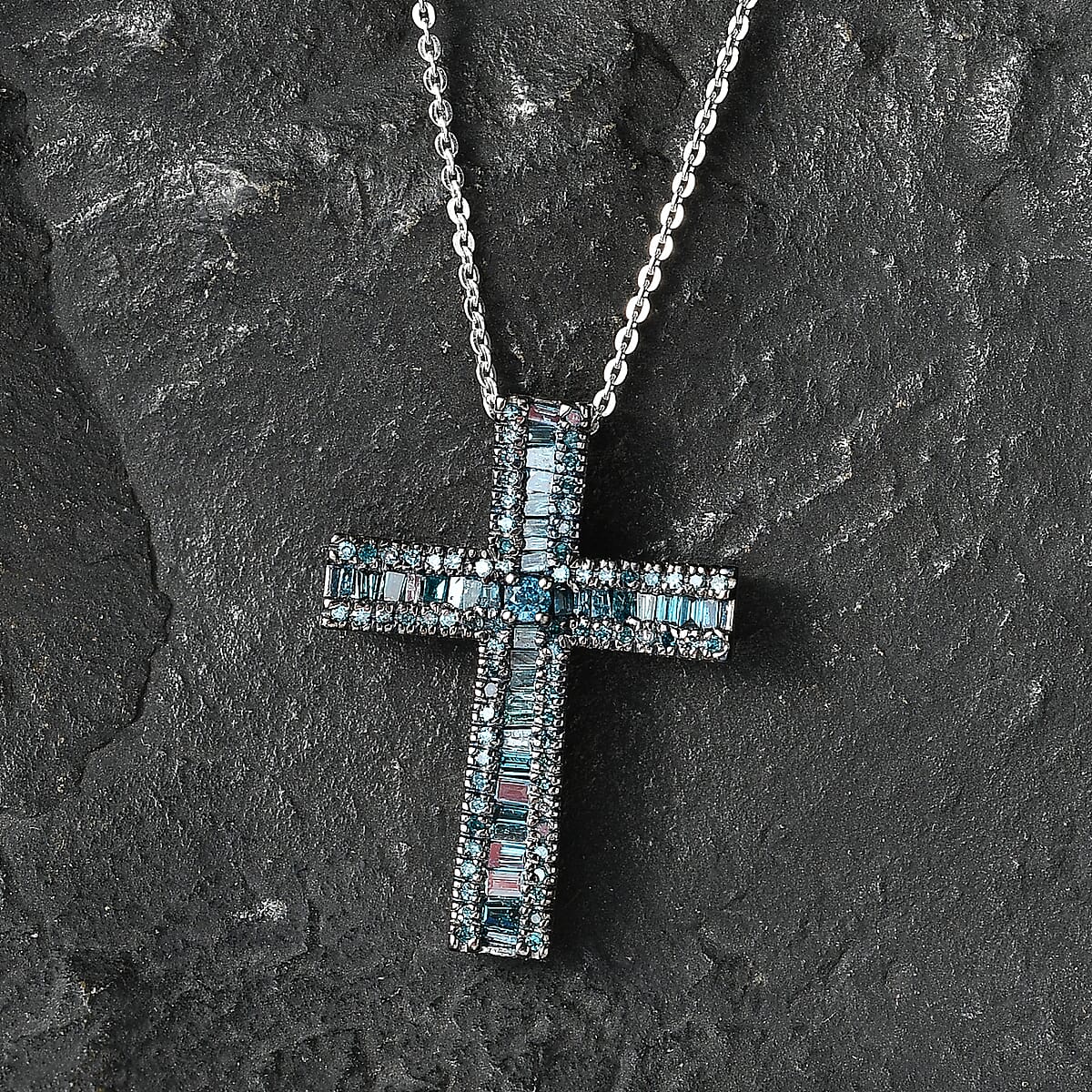 D'Joy Blue Diamond 0.70 ctw Cross Pendant Necklace in Rhodium Over Sterling Silver 20 Inches  image number 1