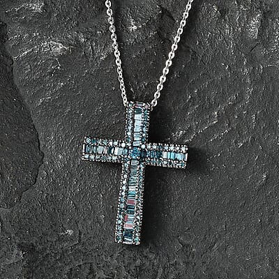 D'Joy Blue Diamond 0.70 ctw Cross Pendant Necklace in Rhodium Over Sterling Silver 20 Inches