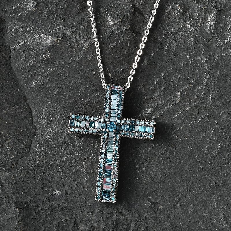 D'Joy Blue Diamond 0.70 ctw Cross Pendant Necklace in Rhodium Over Sterling Silver 20 Inches