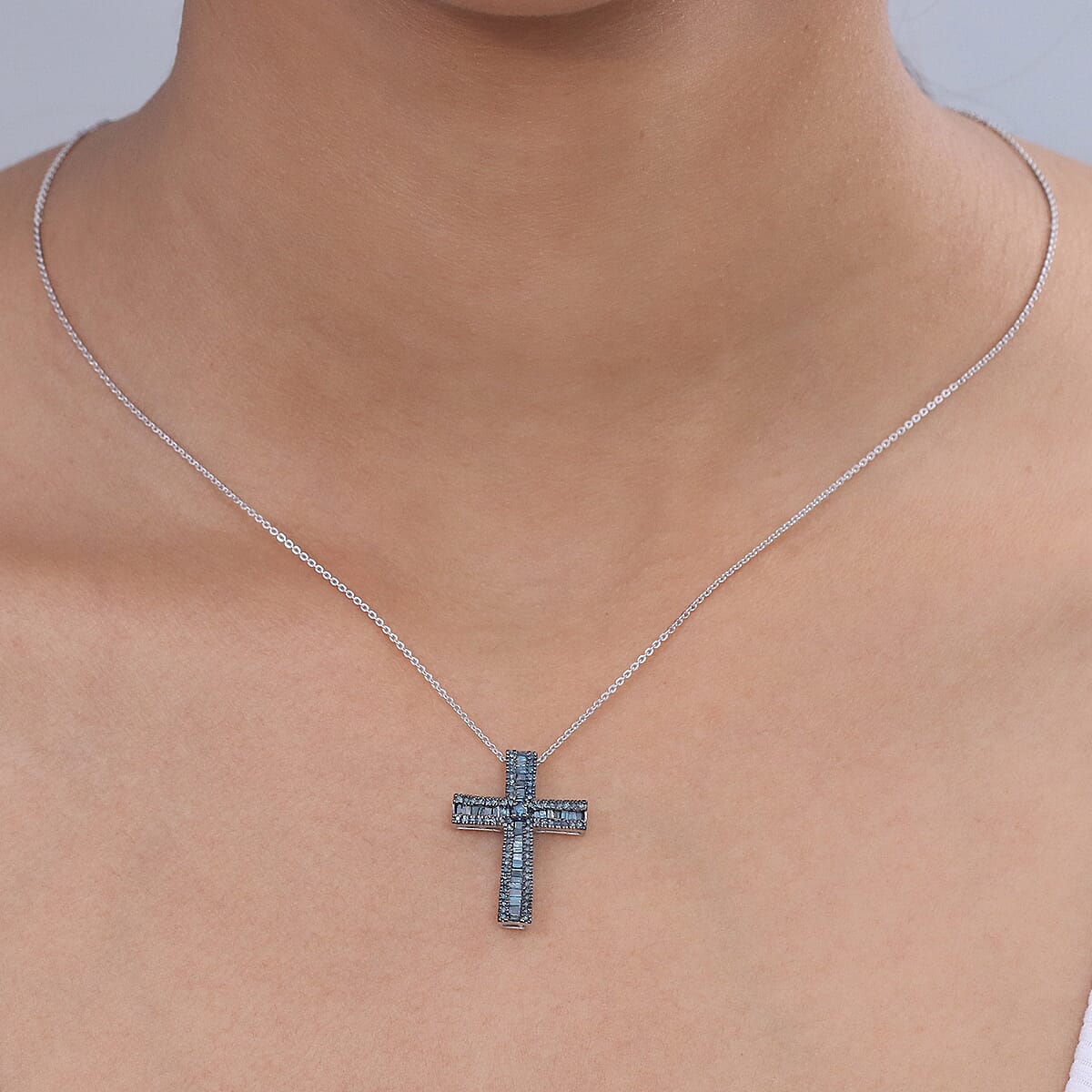 D'Joy Blue Diamond 0.70 ctw Cross Pendant Necklace in Rhodium Over Sterling Silver 20 Inches  image number 2