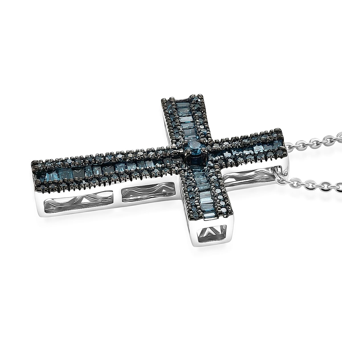 D'Joy Blue Diamond 0.70 ctw Cross Pendant Necklace in Rhodium Over Sterling Silver 20 Inches  image number 3