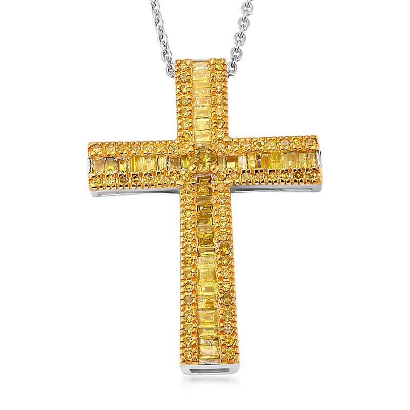 D'Joy Yellow Diamond 0.70 ctw Cross Pendant Necklace in Rhodium Over Sterling Silver 20 Inches