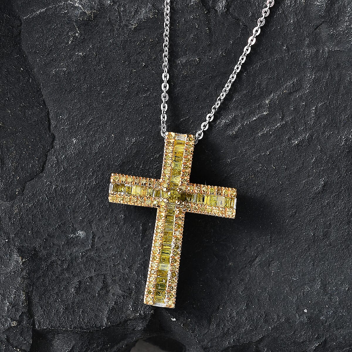 D'Joy Yellow Diamond 0.70 ctw Cross Pendant Necklace in Rhodium Over Sterling Silver 20 Inches  image number 1