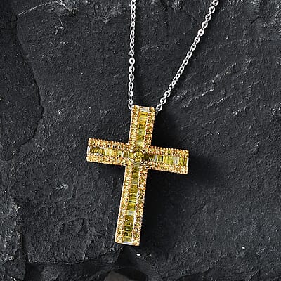 D'Joy Yellow Diamond 0.70 ctw Cross Pendant Necklace in Rhodium Over Sterling Silver 20 Inches