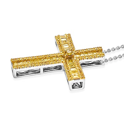 D'Joy Yellow Diamond 0.70 ctw Cross Pendant Necklace in Rhodium Over Sterling Silver 20 Inches