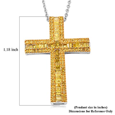 D'Joy Yellow Diamond 0.70 ctw Cross Pendant Necklace in Rhodium Over Sterling Silver 20 Inches