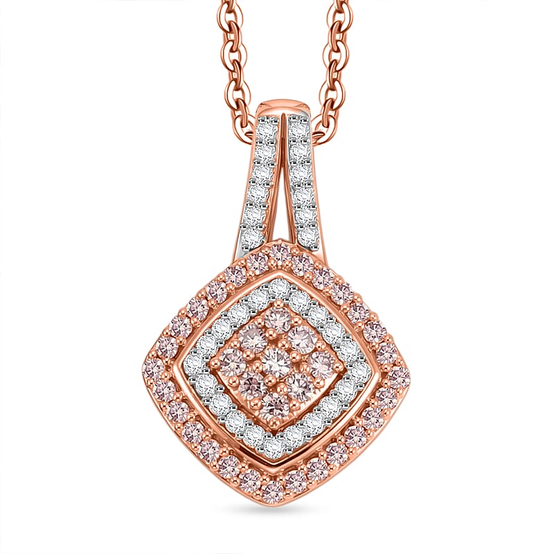 D'Joy Natural Pink and White Diamond 0.50 ctw Deco Rose Pendant Necklace in 18K Vermeil Rose Gold Over Sterling Silver (20 Inches)