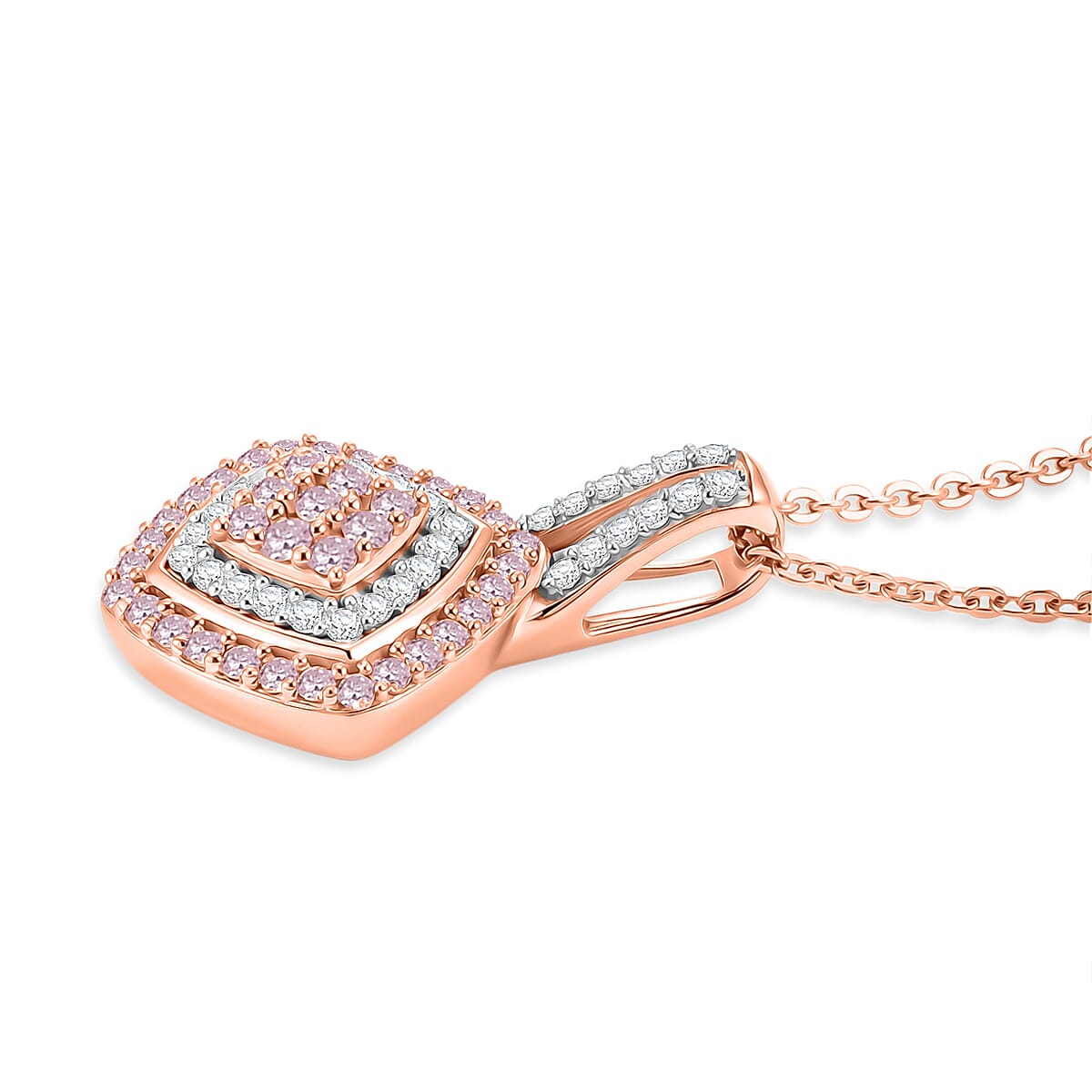 D'Joy Natural Pink and White Diamond 0.50 ctw Deco Rose Pendant Necklace in 18K Vermeil Rose Gold Over Sterling Silver (20 Inches)