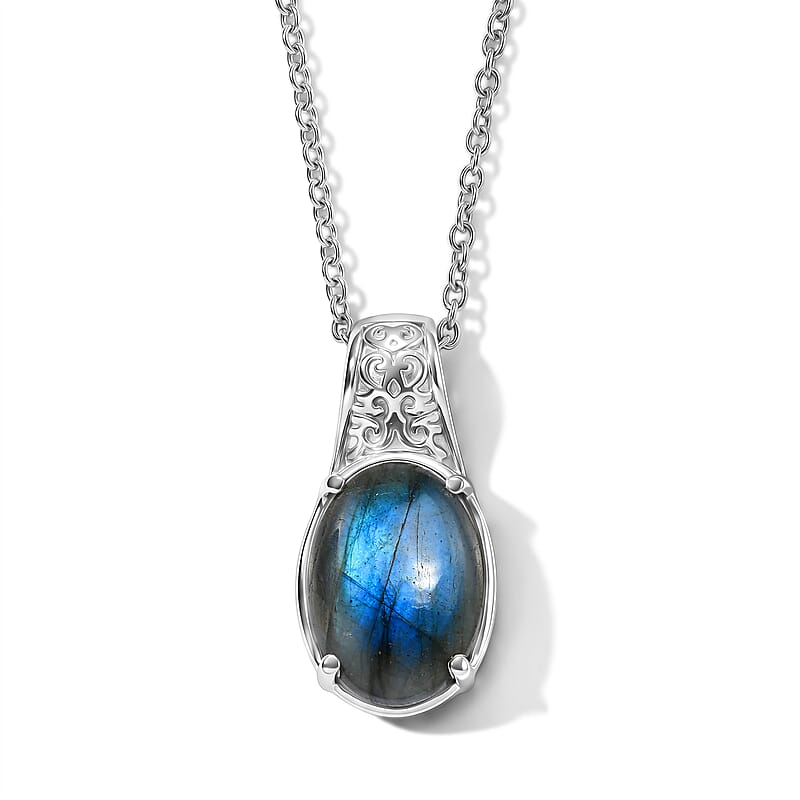 EverTrue Malagasy Labradorite 6.40 ctw Pendant Necklace in Stainless Steel 20 Inches