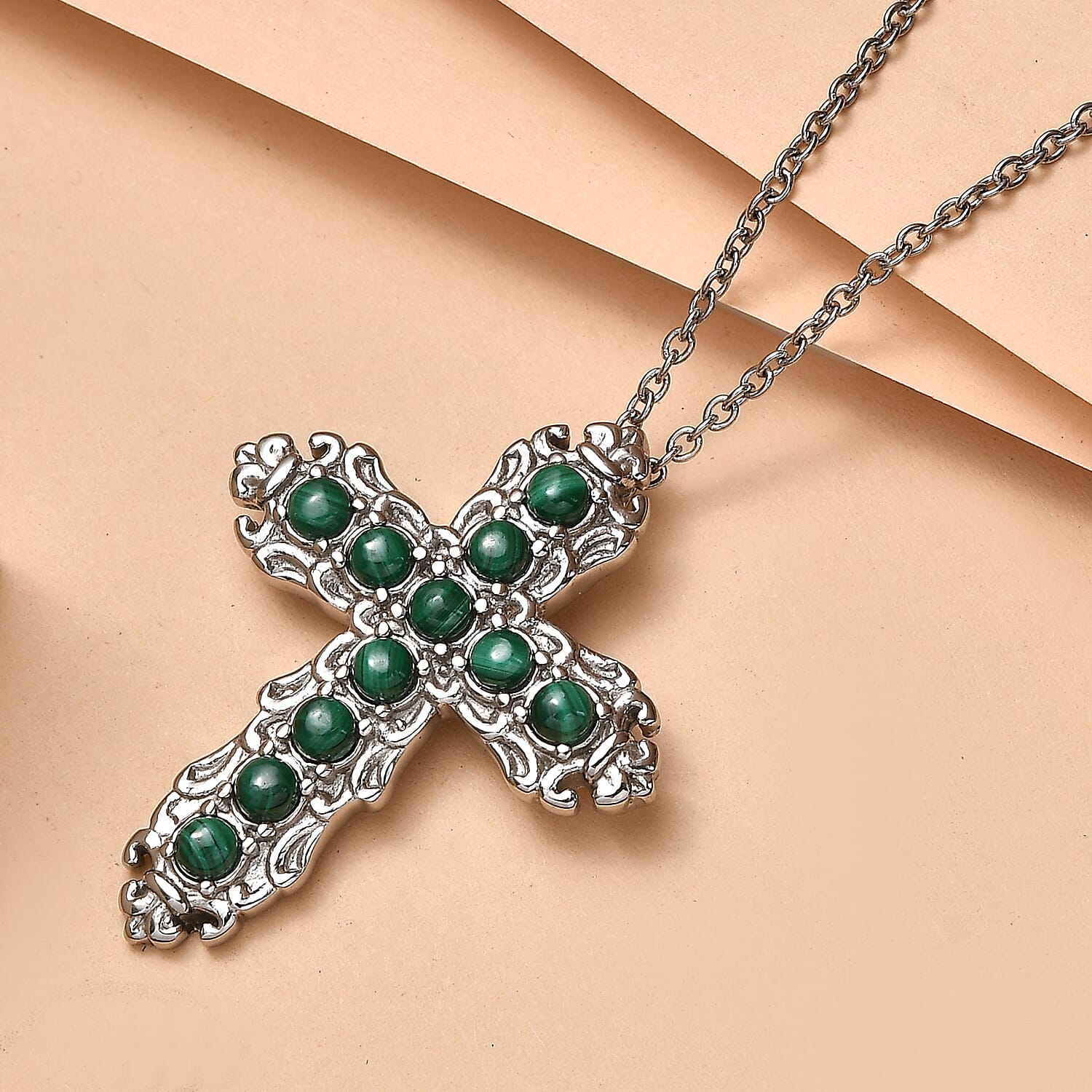 EverTrue African Malachite 2.25 ctw Pendant Necklace in Stainless Steel 20 Inches