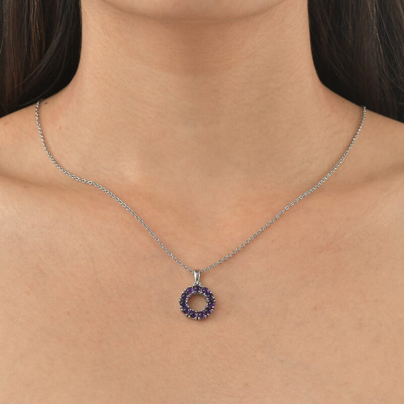 EverTrue African Amethyst 1.60 ctw Halo Pendant Necklace in Stainless Steel 20 Inches